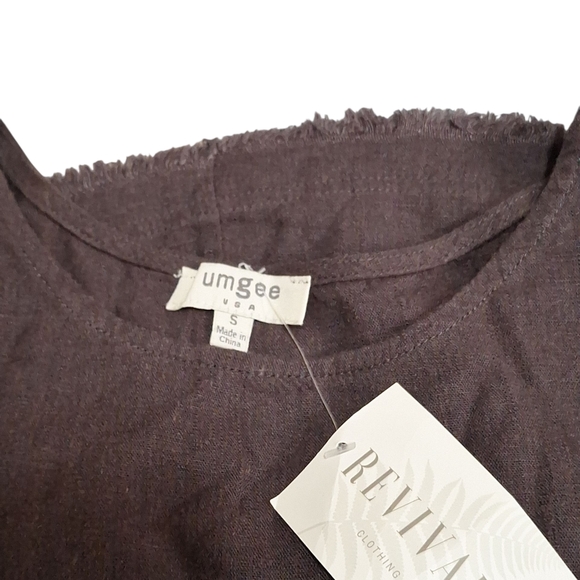 Umgee Brown Linen Blend Womens Cuffed Short Sleeve Top Sz Sm Raw Hem Pocket NEW - Picture 9 of 9